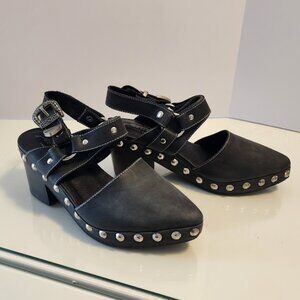 Free People x Jeffrey Campbell Black Leather Studded Slingback Clogs